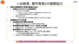114
☆出版者、著作者等との連携協力
• 資料の長期保存と利用の促進のために
• 当館はデジタルコンテンツを長期保存
• デジタルコンテンツの収集
• マルチユースコンテンツの原本、印刷用原本等、DRMのないもの
• 可能な限り詳細なメタデータの提供
• 資料のデジタル化
• 保存のために過去の出版物を当館がデジタル化することの許諾
• 出版者のビジネス支援
• 各出版者の電子書籍作成支援
• 当館がデジタル化したコンテンツを電子出版用に提供
• 各出版者の電子書籍データベースの立上げ支援
• 当館デジタルアーカイブを利用して、出版者が電子書籍を販売することも検討
• 各出版者サイトへのナビゲーション
• 出版者の電子書籍データベースを、PORTAで統合検索
• 電子出版物の購読が促進されるように
• PORTAでの統合検索結果に、入手先として出版者へのリンクを表示
⇒ 出版者、著作権者と利用者の橋渡し。出版者等のビジネスが拡大できる形で連携・協力
2009年
 