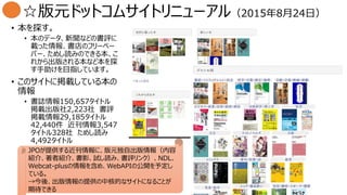 ☆版元ドットコムサイトリニューアル（2015年8月24日）
• 本を探す。
• 本のデータ、新聞などの書評に
載った情報、書店のフリーペー
パー、ためし読みのできる本、こ
れから出版される本など本を探
す手助けを目指しています。
• このサイトに掲載している本の
情報
• 書誌情報150,657タイトル
掲載出版社2,223社 書評
掲載情報29,185タイトル
42,440件 近刊情報3,547
タイトル328社 ためし読み
4,492タイトル
JPOが提供する近刊情報に、版元独自出版情報（内容
紹介、著者紹介、書影、試し読み、書評リンク）、NDL、
Webcat-plusの情報を含め、WebAPIの公開を予定し
ている。
→今後、出版情報の提供の中核的なサイトになることが
期待できる
 