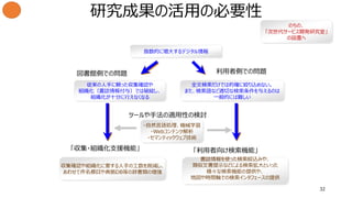 32
研究成果の活用の必要性
指数的に増大するデジタル情報
従来の人手に頼った収集確認や
組織化（書誌情報付与）では破綻し、
組織化が十分に行えなくなる
全文検索だけでは的確に絞り込めない。
また、検索語など適切な検索条件を与えるのは
一般的には難しい
・自然言語処理、機械学習
・Webコンテンツ解析
・セマンティックウェブ技術
収集確認や組織化に要する人手の工数を削減し、
あわせて件名標目や典拠DB等の辞書類の増強
書誌情報を使った検索絞込みや、
類似文書提示などによる検索拡大といった
様々な検索機能の提供や、
地図や時間軸での検索インタフェースの提供
図書館側での問題 利用者側での問題
ツールや手法の適用性の検討
「収集・組織化支援機能」 「利用者向け検索機能」
のちの、
「次世代サービス開発研究室」
の設置へ
 