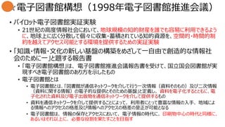 ☆電子図書館構想（1998年電子図書館推進会議）
• パイロット電子図書館実証実験
• 21世紀の高度情報社会において、地球規模の知的財産を誰でも容易に利用できるよう
に、地球上に広く分散して個々に収集・蓄積されている知的資源を、空間的・時間的制
約を越えてアクセス可能とする環境を提供するための実証実験
• 「知識・情報・文化の新しい基盤の構築をめざして一自由で創造的な情報社
会のために一」と題する報告書
• 「電子図書館構想」は、 電子図書館推進会議報告書を受けて、国立国会図書館が実
現すべき電子図書館のあり方を示したもの
• 電子図書館とは
• 電子図書館とは、「図書館が通信ネットワークを介して行う一次情報（資料そのもの）及び二次情報
（資料に関する情報）の電子的な提供とそのための基盤」と定義し、 資料を電子化するとともに、電
子化された資料及び電子出版物を通信ネットワークを介して提供するもの
• 資料を通信ネットワークを介して提供することによって、 利用者にとって豊富な情報の入手、 地域によ
る情報へのアクセスの格差及び情報へのアクセスの格差の是正が可能となる
• 電子図書館は、 情報の保存とアクセスにおいて、 電子情報の時代に、 印刷物中心の時代と同様に、
あるいはそれ以上に、 必要な役割を果たすことを目指す
 