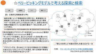 ☆ベリーピッキングモデルで考える探索と検索
•
引用： ベリーピッキングモデルで考える探索と検索
http://ekrits.jp/2015/08/1700/
図1 古典的な情報検索モデル
検索対象によって情報検索を分類すると、事実検索と文
献検索に分けられる。前者は求める情報そのもの（事実
やデータ）を探し出すことであるのに対して、後者は求める
情報が掲載されている文献の書誌データなどを探し出す
ことである。
日本図書館情報学会 用語辞典編集委員会 編『図書館情報学用語辞典 第4版』
【有向的検索とブラウジング（半有向的（semi-directed）検索ま
たは半構造化（semi-structured）検索）】
”オンラインでの探索も、あらかじめ決まった目的を果たすだ
けの行動ではなく、時にはその目的そのものを一新させたり、
未知の世界に目を開かせたりする、より豊かな体験となるから
です。”
”ブラウジングは、思わぬところで自分の興味をそそる情報に
出会えるというセレンディピティを高め、新たな刺激や発想を
与えてくれる可能性があるからです”
、「関心の世界」と「知識の世界」の差は広がる一方
 