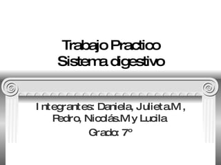 Trabajo Practico Sistema digestivo Integrantes: Daniela, Julieta.M , Pedro, Nicolás.M y Lucila  Grado: 7º 