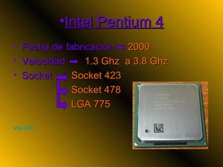 Intel Pentium 4 Fecha de fabricación  2000 Velocidad  1.3 Ghz  a 3.8 Ghz Socket  Socket 423 Socket 478 LGA 775   VOLVER 
