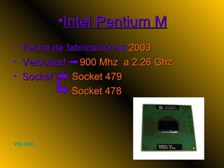 Intel Pentium M Fecha de fabricación  2003 Velocidad  900 Mhz  a 2.26 Ghz Socket  Socket 479 Socket 478 VOLVER 