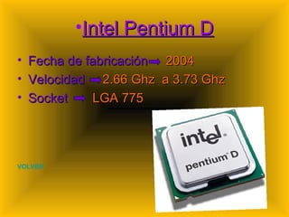Intel Pentium D Fecha de fabricación  2004 Velocidad  2.66 Ghz  a 3.73 Ghz Socket  LGA 775 VOLVER 