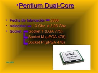 Pentium Dual-Core   Fecha de fabricación  2006 Velocidad  1.3 Ghz  a 3.06 Ghz Socket  Socket T (LGA 775) Socket M (µPGA 478) Socket P (µPGA 478) VOLVER 