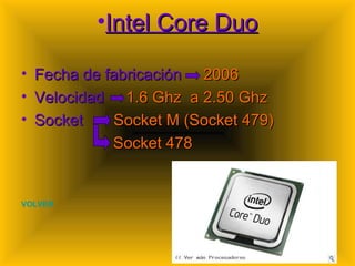 Intel Core Duo Fecha de fabricación  2006 Velocidad  1.6 Ghz  a 2.50 Ghz Socket  Socket M (Socket 479) Socket 478 VOLVER 