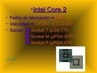 Intel Core 2 Fecha de fabricación  2006 Velocidad  1.6 Ghz  a 3.33 Ghz Socket  Socket T (LGA 775) Socket M (µPGA 478) Socket P (µPGA 478) VOLVER 