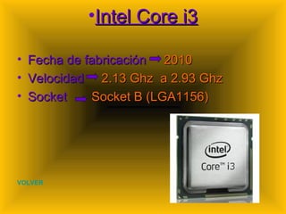 Intel Core i3 Fecha de fabricación  2010 Velocidad  2.13 Ghz  a 2.93 Ghz Socket   Socket B (LGA1156) VOLVER 