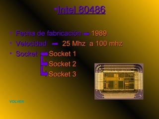 Intel 80486 Fecha de fabricación  1989 Velocidad  25 Mhz  a 100 mhz Socket    Socket 1  Socket 2 Socket 3 VOLVER 
