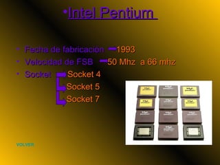 Intel Pentium  Fecha de fabricación  1993 Velocidad de FSB  50 Mhz  a 66 mhz Socket  Socket 4 Socket 5 Socket 7   VOLVER 