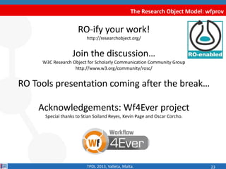 The Research Object Model:
workflow provenance
 