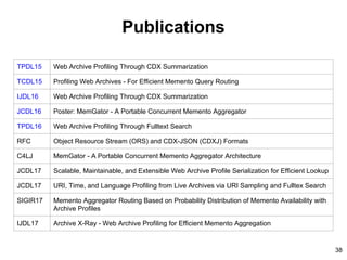 Publications
TPDL15 Web Archive Profiling Through CDX Summarization
TCDL15 Profiling Web Archives - For Efficient Memento Query Routing
IJDL16 Web Archive Profiling Through CDX Summarization
JCDL16 Poster: MemGator - A Portable Concurrent Memento Aggregator
TPDL16 Web Archive Profiling Through Fulltext Search
RFC Object Resource Stream (ORS) and CDX-JSON (CDXJ) Formats
C4LJ MemGator - A Portable Concurrent Memento Aggregator Architecture
JCDL17 Scalable, Maintainable, and Extensible Web Archive Profile Serialization for Efficient Lookup
JCDL17 URI, Time, and Language Profiling from Live Archives via URI Sampling and Fulltex Search
SIGIR17 Memento Aggregator Routing Based on Probability Distribution of Memento Availability with
Archive Profiles
IJDL17 Archive X-Ray - Web Archive Profiling for Efficient Memento Aggregation
38
 