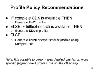 Profile Policy Recommendations
● IF complete CDX is available THEN
○ Generate HxP1 profile
● ELSE IF fulltext search is available THEN
○ Generate DDom profile
● ELSE
○ Generate H1P0 or other smaller profiles using
Sample URIs
Note: It is possible to perform less detailed queries on more
specific (higher order) profiles, but not the other way
29
 