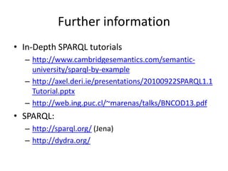 Further information
• In-Depth SPARQL tutorials
– http://www.cambridgesemantics.com/semanticuniversity/sparql-by-example
– http://axel.deri.ie/presentations/20100922SPARQL1.1
Tutorial.pptx
– http://web.ing.puc.cl/~marenas/talks/BNCOD13.pdf

• SPARQL:
– http://sparql.org/ (Jena)
– http://dydra.org/

 