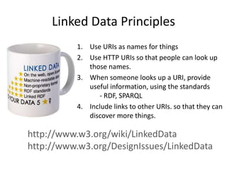 Linked Data Principles
1. Use URIs as names for things
2. Use HTTP URIs so that people can look up
those names.
3. When someone looks up a URI, provide
useful information, using the standards
- RDF, SPARQL
4. Include links to other URIs. so that they can
discover more things.

http://www.w3.org/wiki/LinkedData
http://www.w3.org/DesignIssues/LinkedData

 