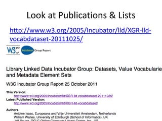 Look at Publications & Lists
http://www.w3.org/2005/Incubator/lld/XGR-lldvocabdataset-20111025/

 