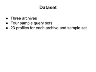 Dataset
● Three archives
● Four sample query sets
● 23 profiles for each archive and sample set
 