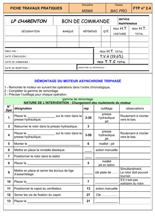 Discipline                     Classe
      FICHE TRAVAUX PRATIQUES                                                                         FTP n° 2.4
                                                           MSMA                       BAC PRO

                                                                                            service
      LP CHARENTON                            BON DE COMMANDE                               maintenance
                                                                                       PRIX   H.T    PRIX   H.T.
               DÉSIGNATION                    MARQUE        RÉFERENCE         QTÉ
                                                                                       UNITAIRE        TOTAL




ÉMIS PAR   :                                                               PRIXH.T. TOTAL
DATE D’ÉMISSION   :                                                        T.V.A (19,6%)
DATE DE COMMANDE      :                                                  PRIX T.T.C TOTAL

DATE DE RECEPTION     :                                 SIGNATURE DU RESPONSALE   :




                          DÉMONTAGE DU MOTEUR ASYNCHRONE TRIPHASÉ
1 - Remonter le moteur en suivant les opérations dans l’ordre chronologique.
2 - Compléter la gamme de remontage.
3 - Préciser l’outillage pour chaque opération.
                                           gamme de rémontage
                NATURE DE L’INTERVENTION : Changement des roulements du moteur
  N°
       désignation                                       rep         outillage     observations
 Opé
                                                                      presse
       Placer le ________________ sur le rotor dans la                         Roulement à monter
   1                                                      3-30     hydraulique
       presse hydraulique.                                                     vers le bas.
                                                                        jet
  3    Retourner le rotor dans la presse hydraulique.           3
                                                                            presse
       Placer le ________________ sur le rotor dans la                                        Roulement à monter
  4                                                           3-50        hydraulique
       presse hydraulique.                                                                    vers le bas.
                                                                              jet
  5    Monter le ______________________________                 6         maillet - jet

  6    Mettre en place la rondelle élastique.                ____       action manuelle

  7    Positionner le rotor dans le stator                   ____       _____________
                                                                             maillet
  8    Placer le _______________________________                5
                                                                          jet en laiton
                                                                                   Simultanément.
       Mettre en place et serrer les écrous de tige
  9                                                          _____ clé plate de …… Le rotor doit pouvoir
       d’assemblage.
                                                                                   tourner.
                                                                                   S’il n’est pas
 10    Placer le_______________________________                7   _____________
                                                                                   solidaire du rotor.
 11    Positionner le capot du ventilateur.                    13       action manuelle

 12    Serrer les vis de fixation du capot.                    27       Clé ……………

 13    Placer la _______________________________               21       _____________
 