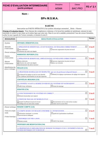 Discipline                                     Classe
FICHE D’EVALUATION INTERMEDIAIRE                                                                                                                                                              FE n° 2.1
                        (partie pratique)                                                                         MSMA                                    BAC PRO

                                   Nom :
                                                                                BPn M.S.M.A.

                                                                                          BARÈME
                        Intervention sur PARTIE OPÉRATIVE d’un système mécanique automatisé _ Durée : 4 heures
Principe d’évaluation binaire : Pour chacune des compétences ci-dessous, si le travail du candidat est satisfaisant, entourer la note
maximale et cocher la case située sur la même ligne que cette note. Dans le cas où le candidat commettrait l’une des erreurs formulées,
cocher la case à gauche de l’erreur constatée, et entourer la note 0.

  RESSOURCES                                                                     INDICATEURS D’ÉVALUATION                                                                                       Notes

 - Système              DÉPOSER, DÉMONTER (C33)

 - Demande              L’OPÉRATION DE DÉMONTAGE, AVANT ÉCHANGE, EST RÉALISÉE CORRECTEMENT.........................                                                                             2 ou 0
  d’intervention
                            pièce détériorée                                                                mauvaise organisation du poste de travail
                            utilisation des outils mal adaptée
 - Dossier technique
                        REMONTER, REPOSER (C33)
 - Gamme
  d’intervention
                        L’OPÉRATION DE REMONTAGE, APRÈS ÉCHANGE, EST RÉALISÉE CORRECTEMENT...........................                                                                           3 ou 0
 - Moyens                   pièce détériorée                                                                mauvaise organisation du poste de travail
  d’intervention            utilisation des outils mal adaptée                                              pièce non remontée
                            positionnement des pièces incorrect
 - Identification des
                        RÉGLER (C33)
  pièces à échanger
                        LA PROCÉDURE DE RÉGLAGE EST RESPECTÉE (par suivi du professeur) (dispositif donné) ........................                                                             5 ou 0
                            le dispositif de réglage est mal (ou non) identifié                             défaut(s) de réglage ou permanence du réglage non respectée
                            les conditions fonctionnelles ne sont pas respectées

                        CONTRÔLER, MESURER (C35)

                        LE CONTRÔLE AVANT LA REMISE EN SERVICE DU SYSTÈME EST SATISFAISANT ...............................                                                                      3 ou 0
                            oubli d’une vérification                                                          erreur de mesurage

                        ESSAYER (C34)

                        LE FONCTIONNEMENT DU SYSTÈME EST CORRECT .............................................................................................                                  2 ou 0
                            élément de procédure non respecté

                        LE POSTE DE TRAVAIL EST REMIS EN ÉTAT .............................................................................................................                     1 ou 0
                            propreté insuffisante du poste de travail                                         documentation non (ou mal) remise en place
                            outillage non (ou mal) remis en place                                             carter ouvert ou non refixé

 - Dossier technique RENDRE COMPTE (C45)

 - Trame de compte      LE COMPTE RENDU EST RÉALISÉ CONFORME À L’INTERVENTION...............................................................                                                    2 ou 0
   rendu                    information manquante ou erronée                                                  qualité de la présentation insuffisante
                            activité décrite inadéquate
 - Fichier historique
                        L’HISTORIQUE EST MIS A JOUR........................................................................................................................................     1 ou 0
                            donnée erronée                                                                    oubli d’une donnée

                        PROPOSER UNE MODIFICATION (C44)

                        LA PROPOSITION D’AMÉLIORATION DU DOSSIER TECHNIQUE ET/OU L’INTERPRÉTATION DU                                                                                            1 ou 0
                        FICHIER HISTORIQUE EST JUDICIEUSE ........................................................................................................................
 