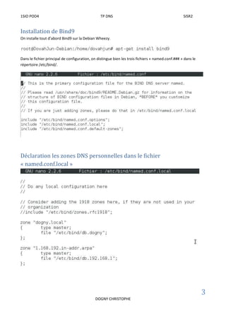 1SIO POD4 TP DNS SISR2
3
DOGNY CHRISTOPHE
Installation de Bind9
On installe tout d’abord Bind9 sur la Debian Wheezy.
Dans le fichier principal de configuration, on distingue bien les trois fichiers « named.conf.### » dans le
répertoire /etc/bind/.
Déclaration les zones DNS personnelles dans le fichier
« named.conf.local »
 