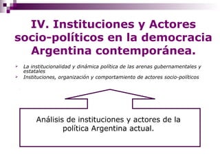 IV. Instituciones y Actores
socio-políticos en la democracia
Argentina contemporánea.
 La institucionalidad y dinámica política de las arenas gubernamentales y
estatales
 Instituciones, organización y comportamiento de actores socio-políticos
Análisis de instituciones y actores de la
política Argentina actual.
 