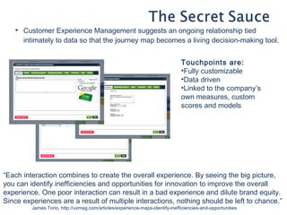

Customer Experience Management suggests an ongoing relationship tied
intimately to data so that the journey map becomes a living decision-making tool.
Touchpoints are:
•Fully customizable
•Data driven
•Linked to the company’s
own measures, custom
scores and models

“Each interaction combines to create the overall experience. By seeing the big picture,
you can identify inefficiencies and opportunities for innovation to improve the overall
experience. One poor interaction can result in a bad experience and dilute brand equity.
Since experiences are a result of multiple interactions, nothing should be left to chance.”
James Torio, http://uxmag.com/articles/experience-maps-identify-inefficiencies-and-opportunities

 