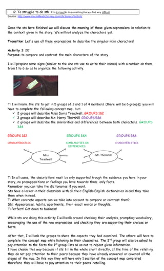 12. To struggle to do sth. = to try hard to do something thatyou find very difficult
Source: http://www.macmillandictionary.com/dictionary/british/
Once the sts have finished we will discuss the meaning of those given expressions in relation to
the context given in the story. We will not analyze the characters yet.
Transition: Let´s use all these expressions to describe the singular main characters!
Activity 3: 20´
Purpose: to compare and contrast the main characters of the story
I will prepare some signs (similar to the one sts use to write their names) with a number on them,
from 1 to 6 so as to organize the following activity.
T: I will name the sts to get in 5 groups of 3 and 1 of 4 members (there will be 6 groups); you will
have to complete the following concept map, but:
 2 groups will describe Miss Doris Treadwell, GROUPS 1&2
 2 groups will describe Mr. Harry Thornhill GROUPS 5&6
 2 groups will describe the similarities and differences between both characters. GROUPS
3&4
GROUPS 1&2 GROUPS 3&4 GROUPS 5&6
CHARCATERISTICS SIMILARITIES OR CHARCATERISTICS
DIFFERENCES
T: In all cases, the descriptions must be only supported trough the evidence you have in your
story, no presuppositions or feelings you have towards them; only facts.
Remember you can take the dictionaries if you want.
Sts have a locker in their classroom with all their English-English dictionaries in and they take
them when in need.
T: What concrete aspects can we take into account to compare or contrast them?
Sts: Appearances, habits, apartments, their exact words or thoughts.
T: Perfect! Get down to business!
While sts are doing this activity I will walk around checking their analysis, prompting vocabulary,
encouraging the use of the new expressions and checking they are supporting their choices on
facts.
After that, I will ask the groups to share the aspects they had examined. The others will have to
complete the concept map while listening to their classmates. The 2nd
group will also be asked to
pay attention to the facts the 1st
group lists so as not to repeat given information.
I have chosen this way because if sts fill in the whole chart directly, at the time of the retelling
they do not pay attention to their peers because they have already answered or covered all the
stages of the map. In this way they will have only 1 section of the concept map completed
therefore they will have to pay attention to their peers’ retelling.
Miss
Treadwell
Mr. Thornhill
 