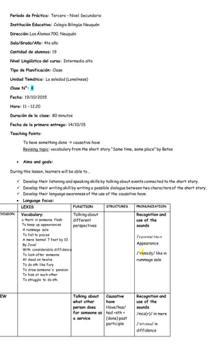 Período de Práctica: Tercero – Nivel Secundario
Institución Educativa: Colegio Bilingüe Neuquén
Dirección:Los Álamos 700, Neuquén
Sala/Grado/Año: 4to año
Cantidad de alumnos: 19
Nivel Lingüístico del curso: Intermedio alto
Tipo de Planificación: Clase
Unidad Temática: La soledad (Loneliness)
Clase N°: 4
Fecha: 19/10/2015
Hora: 11 – 12.20
Duración de la clase: 80 minutos
Fecha de la primera entrega: 14/10/15
Teaching Points:
To have something done  causative have
Revising topic: vocabulary from the short story “Same time, same place” by Bates
 Aims and goals:
During this lesson, learners will be able to…
 Develop their listening and speaking skills by talking about events connected to the short story.
 Develop their writing skill by writing a possible dialogue between two characters of the short story.
 Develop their language awareness of the use of the causative have.
 Language focus:
LEXIS FUNCTION STRUCTURES PRONUNCIATION
EVISION Vocabulary:
a thorn in someone flesh
To keep up appearances
A rummage sale
To fall to pieces
A mere kennel 7 feet by 10
By Jove!
With considerable diffidence
To look after someone
At dead on twelve
To do sth like fury
To draw someone´s pension
To hiss at each other
To struggle to do sth.
Talking about
different
perspectives
Recognition and
use of the
sounds
/əˈpɪərəns/ like in
Appearance
/ˈrʌmɪdʒ/ like in
rummage sale
NEW Talking about
what other
person does
for someone as
a service
Causative
have
Have/has/
had +sth +
(done) past
participle
Recognition and
use of the
sounds
/mɪə(r)/ in mere
/ˈdɪfɪdəns/ in
diffidence
 