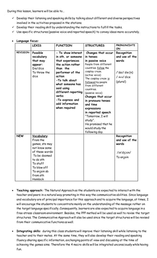 During this lesson, learners will be able to…
 Develop their listening and speaking skills by talking about different and diverse perspectives
involved in the activities proposed in the stations.
 Develop their reading skill by understanding the instructions to fulfill the tasks.
 Use specific structures (passive voice and reported speech) to convey ideas more accurately.
 Language focus:
LEXIS FUNCTION STRUCTURES PRONUNCIATI
ON
REVISION Possible
vocabulary
that may
appear:
Die/dice
To throw the
dice
- To show interest
in sth. or someone
that experiences
the action rather
than the
performer of the
action
-To talk about
what someone has
said using
different reporting
verbs
-To express and
add information
when required
Changes that occur
in tenses
in passive voice
People from different
countries follow the
cosplay craze.
(active voice)
The cosplay craze is
followed by people
from different
countries.
(passive voice)
Changes that occur
in pronouns tenses
and time
expressions
in reported speech
“Tomorrow, I will
study”.
He promised that he
would study the
following day.
Recognition
and use of the
words
/ˈdai/ die (n)
/ daɪs/ dice
(plural)
NEW Vocabulary:
From the
games, sts may
not know some
of these words:
To be doomed
to do sth
To stuff
To blow off
To enjoin sb
from sth
Hemlock
Recognition
and use of the
words
/ɪnˈdʒɔɪn/
To enjoin
 Teaching approach: The Natural Approach as the students are expected to interact with the
teacher and peers in a natural way promoting in this way the communicative abilities. Since language
and vocabulary are of principal importance for this approach and to acquire the language, at times, I
will encourage the students to concentrate mainly on the understanding of the message rather on
the target language specifically. Consequently, learners are also expected to acquire language in a
free-stress classroom environment. Besides, the PPP method will be used as well to revise the target
structures. The Communicative Approach will also be used since the target structures will be revised
from their communicative functions as well.
 Integrating skills: during this class students will improve their listening skill while listening to the
teacher and to their mates. At the same time, they will also develop their reading and speaking
fluency sharing specific information, exchanging points of view and discussing at the time of
achieving the games aims. Therefore the 4 macro skills will be integrated unconsciously while having
fun.
 