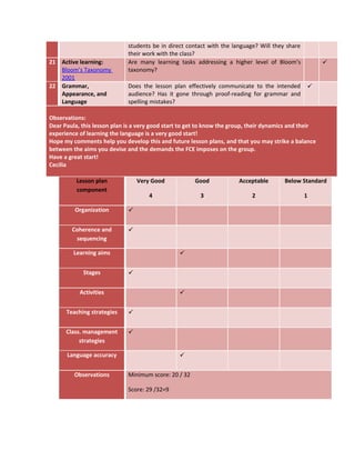 students be in direct contact with the language? Will they share
their work with the class?
21 Active learning:
Bloom’s Taxonomy
2001
Are many learning tasks addressing a higher level of Bloom’s
taxonomy?

22 Grammar,
Appearance, and
Language
Does the lesson plan effectively communicate to the intended
audience? Has it gone through proof-reading for grammar and
spelling mistakes?

Observations:
Dear Paula, this lesson plan is a very good start to get to know the group, their dynamics and their
experience of learning the language is a very good start!
Hope my comments help you develop this and future lesson plans, and that you may strike a balance
between the aims you devise and the demands the FCE imposes on the group.
Have a great start!
Cecilia
Lesson plan
component
Very Good
4
Good
3
Acceptable
2
Below Standard
1
Organization 
Coherence and
sequencing

Learning aims 
Stages 
Activities 
Teaching strategies 
Class. management
strategies

Language accuracy 
Observations Minimum score: 20 / 32
Score: 29 /32=9
 