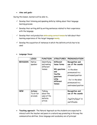 • Aims and goals:
During this lesson, learners will be able to…
 Develop their listening and speaking skills by talking about their language
learning process.
 Develop their writing skill by writing sentences related to their experience
with the language.
 Develop their oral production while using correct tenses to talk about their
learning experience of the target language mainly.
 Develop the acquisition of instances in which the definite article has to be
used
• Language focus:
LEXIS FUNCTION STRUCTURES PRONUNCIATION
REVISION Native
speaker
Identifying
and naming
different
tenses
Different
tense forms
Wh questions
and
Yes/No
questions
using
different
tenses
Recognition and
use of the sounds
/ði/
in the when
pronounced in a
stressed position
/ð /ə in the when
pronounced in a
unstressed position
NEW Actions:
To sit for
an exam
Talking
about the
uses of the
definite
article
Recognition and
use of the sounds
/sə(r)ˈtɪfɪkət/ in
certificate
• Teaching approach: The Natural Approach as the students are expected to
interact with the teacher and peers in a natural way promoting in this way the
communicative abilities. Since language and vocabulary are of principal
 