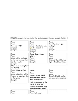 TENSES: Complete the information that is missing about the main tenses in English:
Tense:
Form:
3rd person: “S”
Usage(s):
Example:
Tense:
Form:
Usage: action taking place
atin the moment of
speaking
Example:
Tense:
Form: have/has + past
participle
Usage:
Example:
Tense
Form:
Usage: putting emphasis
on the course or duration
(not the result)
Example:
I have been training hard
for the FCE.
Tense: future tense-
going to
Form:
Usage:
Example:
Tense:
Form:
Usage:
Example: We will learn a
topic related to articles.
Tense: Future perfect
Form:
Usage: action that will be
finished at a certain time
in the future
Example:
Tense:
Form:
Usage:- action taking
place before a certain
time in the future
-putting emphasis on the
course of an action
Example: I will have been
speaking about 8 hours.
Tense:
Form:
Usage:
Example: I had 2 teachers
who were native speakers.
Tense:
Form:
Tense:
Form: had + past
 