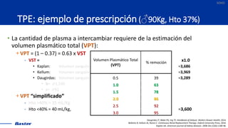 SOHO
TPE: ejemplo de prescripción (♂90Kg, Hto 37%)
• La cantidad de plasma a intercambiar requiere de la estimación del
vo...