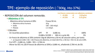 SOHO
TPE: ejemplo de reposición (♂90Kg, Hto 37%)
• REPOSICIÓN del volumen removido.
+ Albúmina al 5%
- Albúmina sérica hum...
