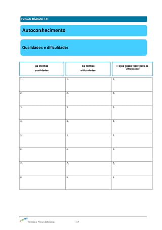 Técnicas de Procura de Emprego 117
1. 1. 1.
2. 2. 2.
3. 3. 3.
4. 4. 4.
5. 5. 5.
6. 6. 6.
7. 7. 7.
8. 8. 8.
Autoconhecimento
Qualidades e dificuldades
As minhas
qualidades
As minhas
dificuldades
O que posso fazer para as
ultrapassar
 