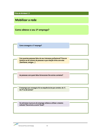 Técnicas de Procura de Emprego 54
Mobilizar a rede
Como obteve o seu 1º emprego?
Como conseguiu o 1º emprego?
Com quantas pessoas falou do seu interesse profissional? Procure
lembrar-se do número de pessoas e que relação tinha com elas
(familiares, amigos...)
As pessoas com quem falou forneceram-lhe outros contatos?
O emprego que conseguiu foi na sequência de que contato: do 1º,
do 2º ou de outros?
Se estivesse à procura de emprego voltava a utilizar o mesmo
método? Recorreria a outro? Qual?
 