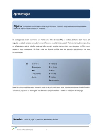 Técnicas de Procura de Emprego 8
Os participantes devem escrever o seu nome numa folha branca (A4), na vertical, de forma bem visível. Em
seguida, para cada letra do nome, devem identificar uma característica pessoal. Posteriormente, devem pendurar
as folhas nas mesas de trabalho para que todos possam associar claramente o nome expresso na folha com a
pessoa a que corresponde. No final, cada um deverá partilhar com os restantes participantes as suas
características.
Nota: Os dados recolhidos neste momento poderão ser utilizados mais tarde, nomeadamente na Unidade Temática
“Entrevista”, aquando da abordagem das atitudes e comportamentos a adotar na entrevista de emprego.
Objetivo: Promover o conhecimento entre os participantes e permitir um primeiro momento de reflexão
individual acerca das características pessoais
Ex: S impática A utónomo
O rganizada N octívago
N aif T ímido
I nteligente O rdeiro
A miga N atural
I ntrospetivo
Materiais: Folhas de papel A4; Fita-cola; Marcadores; Tesoura
 