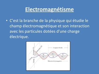 Electromagnétisme C’est la branche de la physique qui étudie le champ électromagnétique et son interaction avec les particules dotées d'une charge électrique. 