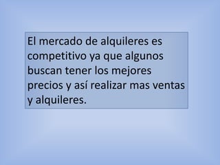 ¿Cómo se modificaría elexcedente del “productor” y del “consumidor”de los inmuebles en alquiler? ¿Y qué hay de la venta de propiedades? ¿La medida aumentará la eficiencia del mercado? El excedente de ciertos propietarios se modificaria disminuyendo o aumentando según su caso respecto a la propiedad y a sus intereses. Esta medida aumentaria un control mas eficiente en el mercado ya que se controlaria mas el tema de la compra venta y alquiler de propiedades y tambien el tema de los precios a los cuales se los somete a estos inmuebles. 