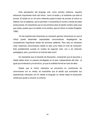49
Esta apropiación del lenguaje oral, como primera instancia, requiere
esfuerzos importantes tanto del niño/a como el adulto y el ambiente que éste le
provee. El adulto en su rol como referente posee la labor de proveer al niño/a un
dialecto rico en palabras, que le permitan ir conociendo el mundo a través de estas
producciones. Es importante que en los primeros años el adulto nombre cada cosa
que rodee, puesto que si el adulto no la nombra, para el niño/a no existe (Pugliese:
1999).
En las experiencias tempranas es necesario generar situaciones en que el
niño/a pueda desarrollar capacidades comunicativas, desplegando las
competencias lingüísticas desde las primeras palabras. Para esto es necesario
crear instancias comunicativas desde la sala cuna hasta el nivel de transición.
Esto posiblemente suceda en niveles de segundo ciclo, con o sin intención
pedagógica, pero ¿ocurrirá en el nivel de sala cuna?
Es importante que el docente de Educación, comprenda que el escuchar y
hablar deben tener un espacio privilegiado en el aula, independiente del ciclo; al
igual que la literatura y la escritura, ya que la oralidad formal se nutre de ellos.
Desde que el niño/a interactúa se encuentra en condiciones de
comunicarse con su medio, es importante que el adulto que acompaña sus
experiencias interactúe con él, desde el lenguaje no verbal hasta la producción
verbal que ayude a conocer su entorno.
 