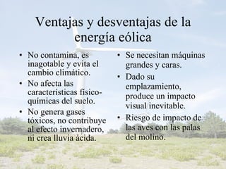 Ventajas y desventajas de la energía eólica No contamina, es inagotable y evita el cambio climático. No afecta las características físico- químicas del suelo. No genera gases tóxicos, no contribuye al efecto invernadero, ni crea lluvia ácida. Se necesitan máquinas grandes y caras. Dado su emplazamiento, produce un impacto visual inevitable. Riesgo de impacto de las aves con las palas del molino. 