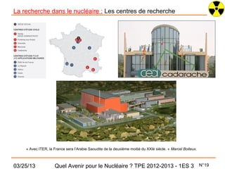 La recherche dans le nucléaire : Les centres de recherche




    « Avec ITER, la France sera l’Arabie Saoudite de la deuxième moitié du XXIè siècle. » Marcel Boiteux.



03/25/13            Quel Avenir pour le Nucléaire ? TPE 2012-2013 - 1ES 3                                   N°19
 