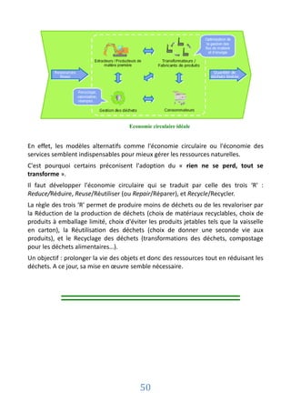 Economie circulaire idéale


En effet, les modèles alternatifs comme l'économie circulaire ou l'économie des
services semblent indispensables pour mieux gérer les ressources naturelles.
C'est pourquoi certains préconisent l'adoption du « rien ne se perd, tout se
transforme ».
Il faut développer l'économie circulaire qui se traduit par celle des trois ‘R' :
Reduce/Réduire, Reuse/Réutiliser (ou Repair/Réparer), et Recycle/Recycler.
La règle des trois ‘R’ permet de produire moins de déchets ou de les revaloriser par
la Réduction de la production de déchets (choix de matériaux recyclables, choix de
produits à emballage limité, choix d'éviter les produits jetables tels que la vaisselle
en carton), la Réutilisation des déchets (choix de donner une seconde vie aux
produits), et le Recyclage des déchets (transformations des déchets, compostage
pour les déchets alimentaires…).
Un objectif : prolonger la vie des objets et donc des ressources tout en réduisant les
déchets. A ce jour, sa mise en œuvre semble nécessaire.




                                         50
 