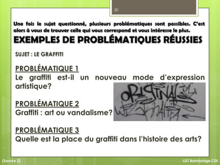 SUJET : LE GRAFFITI
PROBLÉMATIQUE 1
Le graffiti est-il un nouveau mode d’expression
artistique?
PROBLÉMATIQUE 2
Graffiti : art ou vandalisme?
PROBLÉMATIQUE 3
Quelle est la place du graffiti dans l’histoire des arts?
20
LGT Baimbridge CDI
Une fois le sujet questionné, plusieurs problématiques sont possibles. C’est
alors à vous de trouver celle qui vous correspond et vous intéresse le plus.
EXEMPLES DE PROBLÉMATIQUES RÉUSSIES
(Source 2)
 