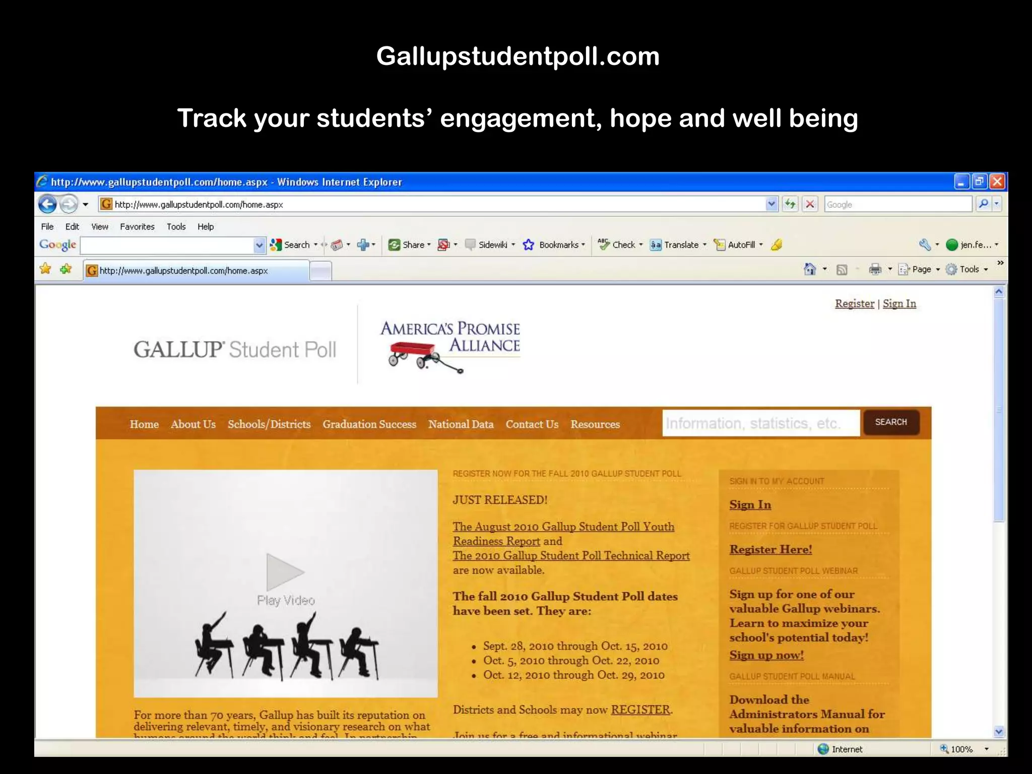 Gallupstudentpoll.comTrack your students’ engagement, hope and well being