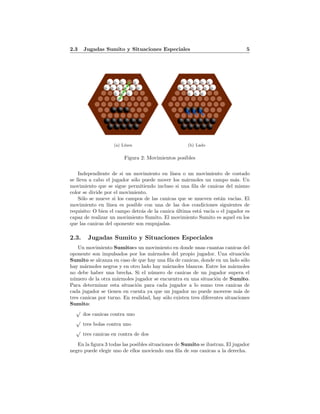 2.3 Jugadas Sumito y Situaciones Especiales 5
(a) L´ınea (b) Lado
Figura 2: Movimientos posibles
Independiente de si un movimiento en l´ınea o un movimiento de costado
se lleva a cabo el jugador s´olo puede mover los m´armoles un campo m´as. Un
movimiento que se sigue permitiendo incluso si una ﬁla de canicas del mismo
color se divide por el movimiento.
S´olo se mueve si los campos de las canicas que se mueven est´an vac´ıas. El
movimiento en l´ınea es posible con una de las dos condiciones siguientes de
requisito: O bien el campo detr´as de la canica ´ultima est´a vac´ıa o el jugador es
capaz de realizar un movimiento Sumito. El movimiento Sumito es aquel en los
que las canicas del oponente son empujadas.
2.3. Jugadas Sumito y Situaciones Especiales
Un movimiento Sumitoes un movimiento en donde unas cuantas canicas del
oponente son impulsados por los m´armoles del propio jugador. Una situaci´on
Sumito se alcanza en caso de que hay una ﬁla de canicas, donde en un lado s´olo
hay m´armoles negros y en otro lado hay m´armoles blancos. Entre los m´armoles
no debe haber una brecha. Si el n´umero de canicas de un jugador supera el
n´umero de la otra m´armoles jugador se encuentra en una situaci´on de Sumito.
Para determinar esta situaci´on para cada jugador a lo sumo tres canicas de
cada jugador se tienen en cuenta ya que un jugador no puede moverse m´as de
tres canicas por turno. En realidad, hay s´olo existen tres diferentes situaciones
Sumito:
√
dos canicas contra uno
√
tres bolas contra uno
√
tres canicas en contra de dos
En la ﬁgura 3 todas las posibles situaciones de Sumito se ilustran. El jugador
negro puede elegir uno de ellos moviendo una ﬁla de sus canicas a la derecha.
 