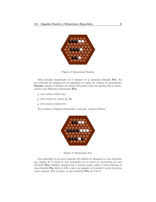 2.3 Jugadas Sumito y Situaciones Especiales 6
Figura 3: Situaciones Sumito
Otro t´ermino importante en el abalone es la situaci´on llamada Pac. En
esa situaci´on de ninguno de los jugadores es capaz de realizar un movimiento
Sumito, porque el n´umero de canicas del mismo color son iguales. Por lo tanto,
existen tres diferentes situaciones Pac:
√
una canica contra una
√
dos canicas en contra de dos
√
tres canicas contra tres
En la ﬁgura 4 algunas situaciones y pac-pac, como se ilustra:
Figura 4: Situaciones Pac
Los m´armoles en la parte superior del tablero se disponen en una situaci´on
pac simple de 2 contra 2. Los m´armoles en el centro se encuentran en una
situaci´on Pac tambi´en. Aunque hay 4 canicas negro contra 3 bolas blancas es
una situaci´on Pac. Esto se debe a que a un jugador se le permite mover 3 canicas
como m´aximo. Por lo tanto, es una situaci´on Pac de 3 en 3.
 
