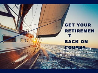 More Choice,
More
Flexibility and
Investment
Advice on
Your
401(k), 403(b)
and 457
GET YOUR
RETIREMEN
T
BACK ON
COURSEMore Choice, More FlexibilityMore Choice, More Flexibility
and Investment Advice for yourand Investment Advice for your
401(k), 403(b) and 457401(k), 403(b) and 457
 