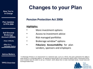 Pension Protection Act 2006
Highlights:
• More investment options
• Access to investment advice
• Risk managed portfolios
• Brokerage window* options
• Fiduciary Accountability for plan
vendors, sponsors and employers
Now You’re
In Charge
Plan Updates
& PPA 2006
Self Directed
Brokerage
Account (SDBA)
- How it Works
- Why it’s a
Valuable Option
Advice Matters
TPFG Overview
Changes to your Plan
* A Brokerage Window is an enhancement to a retirement plan, such as a 401(k), that gives participants the ability to
trade directly on a brokerage platform. As opposed to being limited to the investment options within a sponsored 401(k),
some investors have the option to set up a "window", which allows them to trade most listed stocks, mutual funds and
exchange-traded funds.
 
